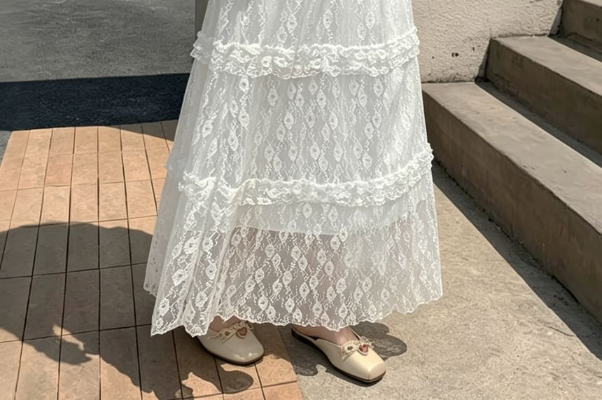 High Waist Tiered Lace Maxi A-Line Skirt
