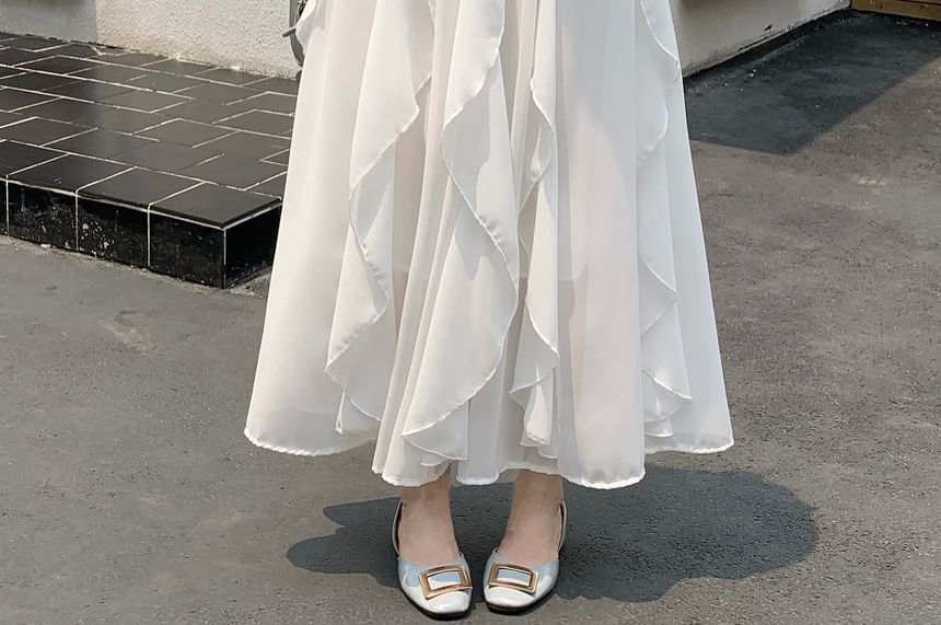 High Waist Plain Ruffle Trim Maxi A-Line Skirt
