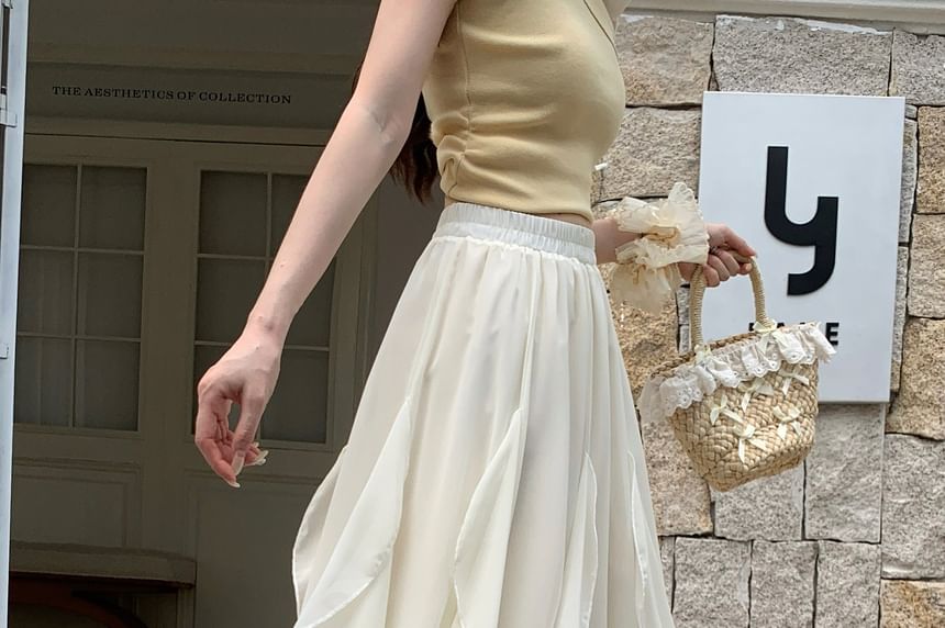 High Waist Plain Ruffle Trim Maxi A-Line Skirt