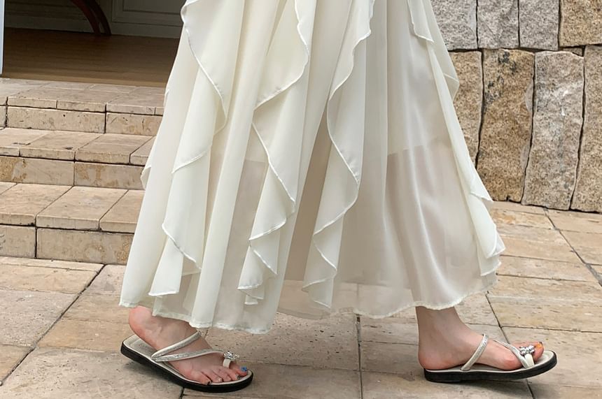High Waist Plain Ruffle Trim Maxi A-Line Skirt