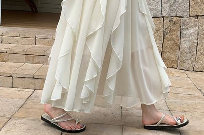 High Waist Plain Ruffle Trim Maxi A-Line Skirt