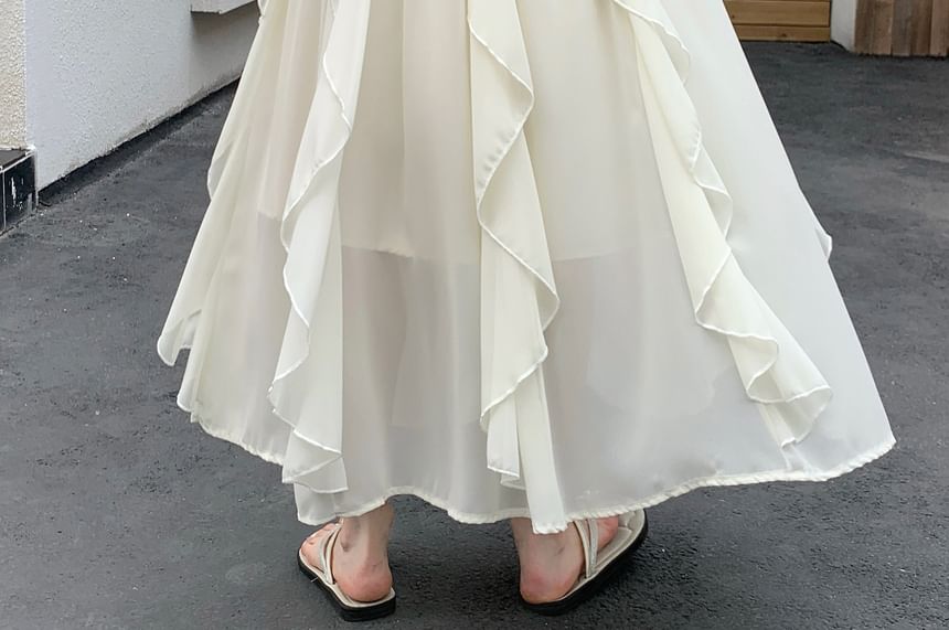 High Waist Plain Ruffle Trim Maxi A-Line Skirt