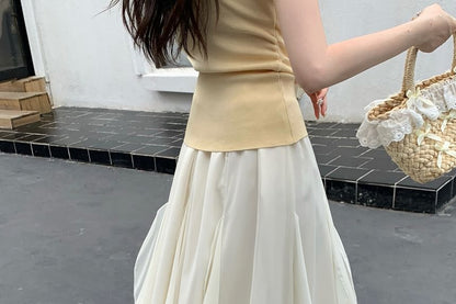 High Waist Plain Ruffle Trim Maxi A-Line Skirt