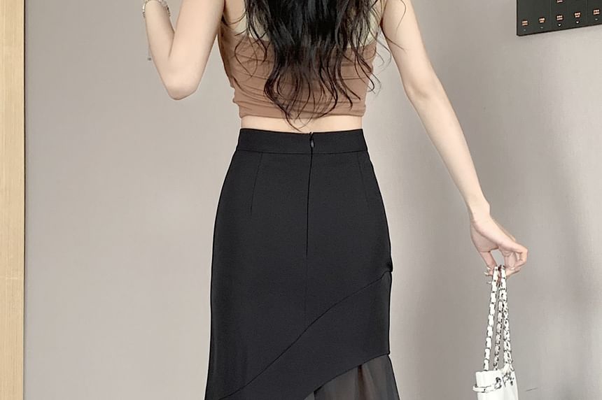 High Waist Asymmetrical Mesh Panel Midi Mermaid Skirt