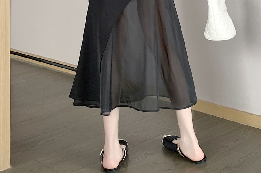 High Waist Asymmetrical Mesh Panel Midi Mermaid Skirt