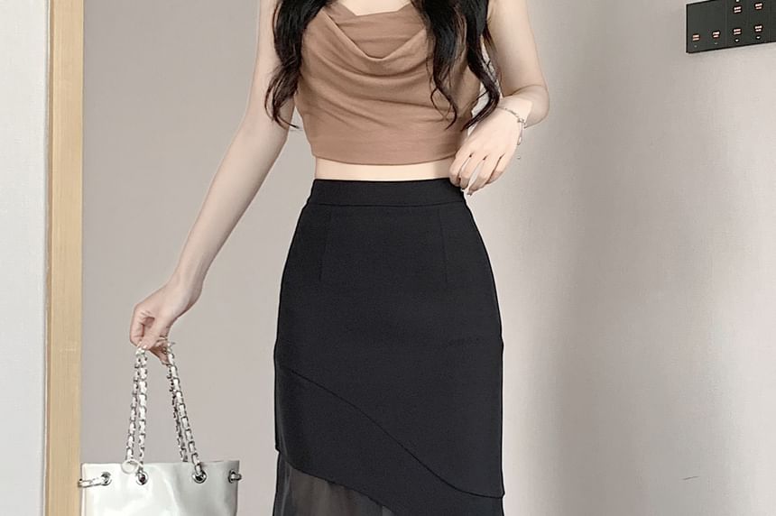 High Waist Asymmetrical Mesh Panel Midi Mermaid Skirt
