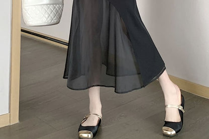High Waist Asymmetrical Mesh Panel Midi Mermaid Skirt