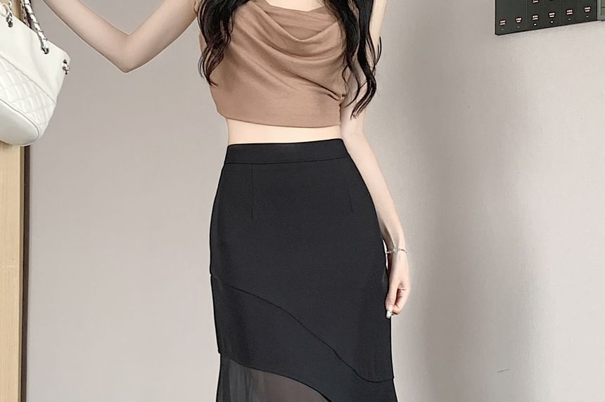 High Waist Asymmetrical Mesh Panel Midi Mermaid Skirt