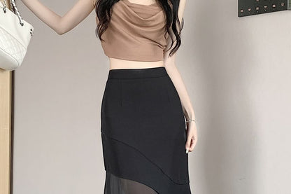 High Waist Asymmetrical Mesh Panel Midi Mermaid Skirt