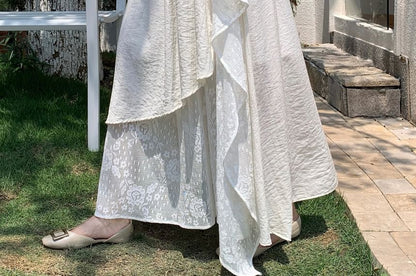 High Waist Asymmetrical Lace Panel Maxi A-Line Skirt