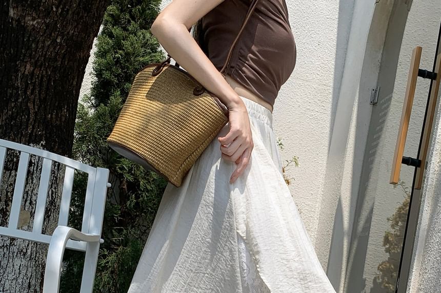 High Waist Asymmetrical Lace Panel Maxi A-Line Skirt