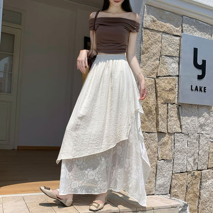 High Waist Asymmetrical Lace Panel Maxi A-Line Skirt