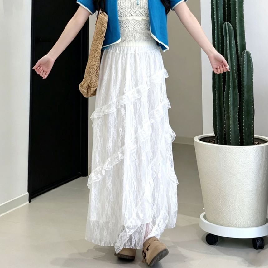 High Waist Asymmetrical Tiered Lace Maxi A-Line Skirt