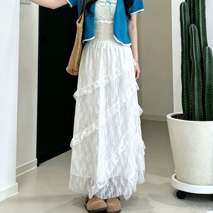 High Waist Asymmetrical Tiered Lace Maxi A-Line Skirt