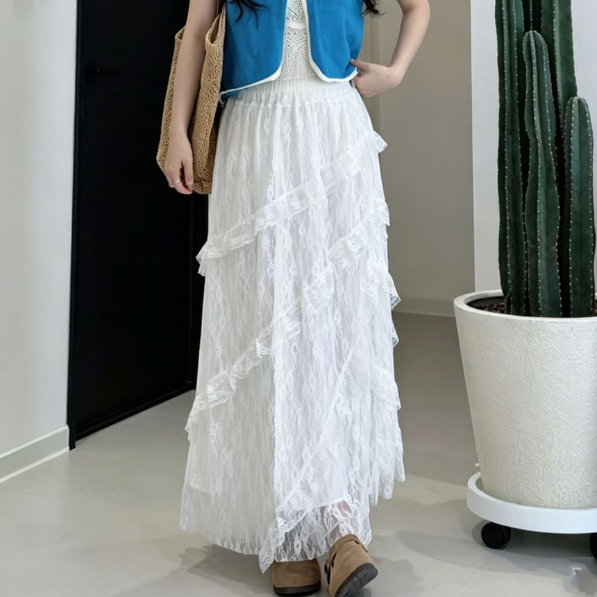 High Waist Asymmetrical Tiered Lace Maxi A-Line Skirt