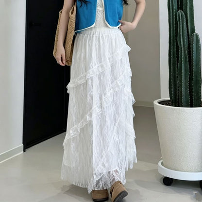 High Waist Asymmetrical Tiered Lace Maxi A-Line Skirt