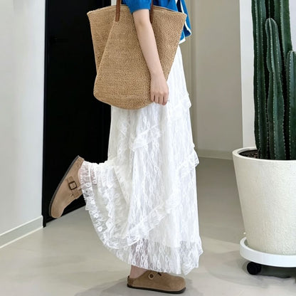 High Waist Asymmetrical Tiered Lace Maxi A-Line Skirt