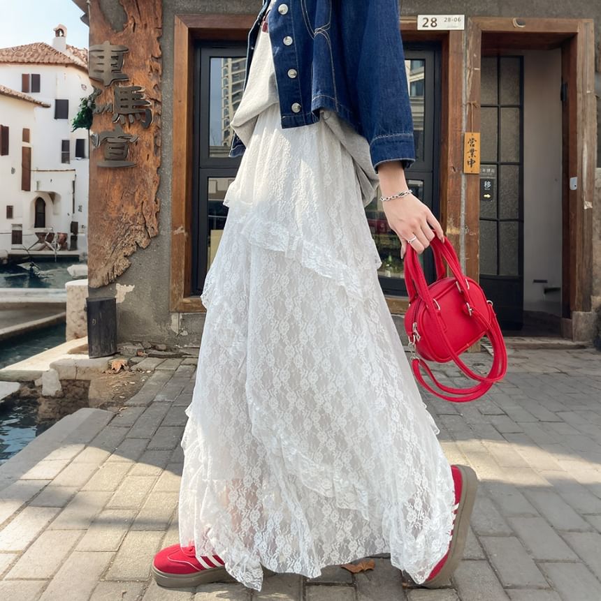High Waist Asymmetrical Tiered Lace Maxi A-Line Skirt