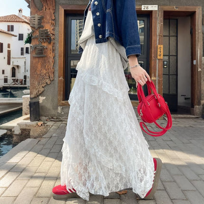 High Waist Asymmetrical Tiered Lace Maxi A-Line Skirt