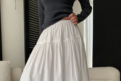 Elastic Waist Plain Striped Maxi A-Line Skirt