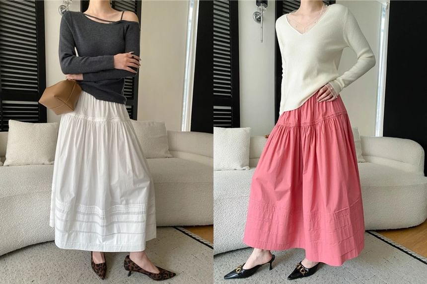 Elastic Waist Plain Striped Maxi A-Line Skirt