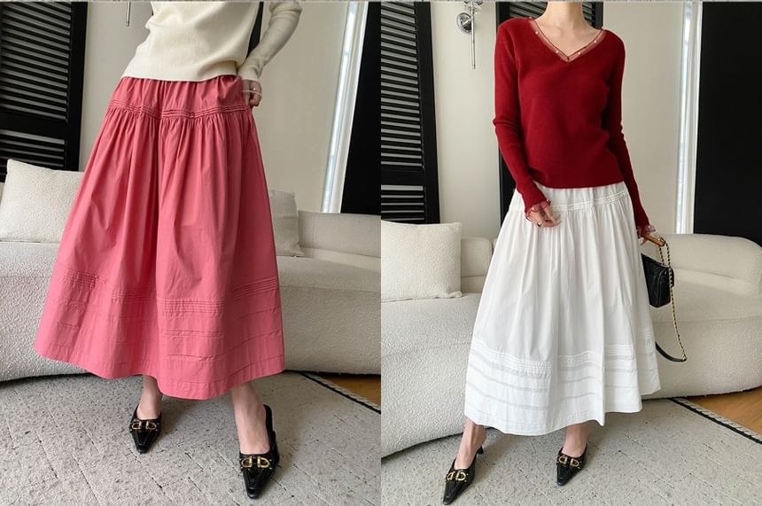 Elastic Waist Plain Striped Maxi A-Line Skirt