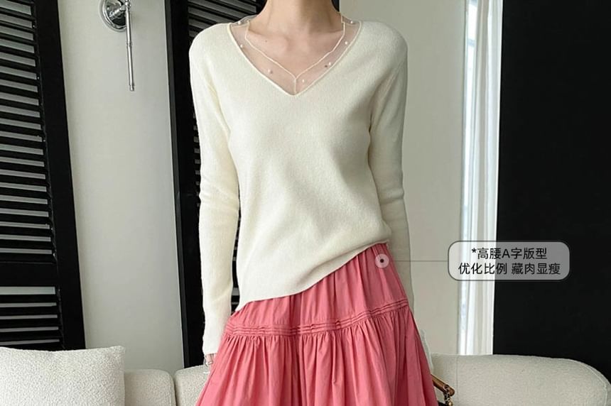 Elastic Waist Plain Striped Maxi A-Line Skirt