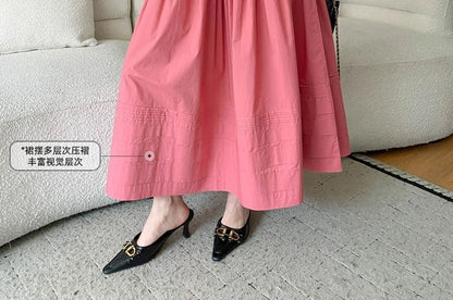 Elastic Waist Plain Striped Maxi A-Line Skirt