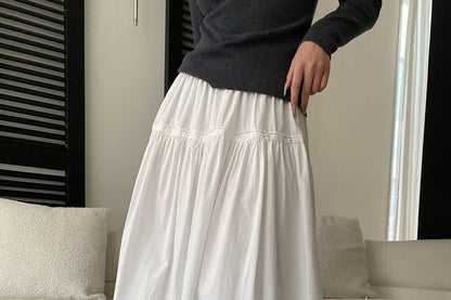 Elastic Waist Plain Striped Maxi A-Line Skirt