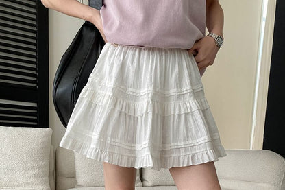 Elastic Waist Plain Ruffle Mini A-Line Skirt