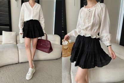 Elastic Waist Plain Ruffle Mini A-Line Skirt