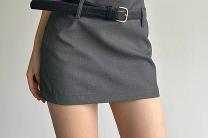 Set: Mid Rise Plain Mini Pencil Skirt + Belt