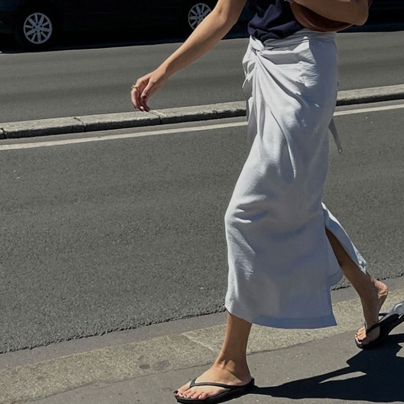 High Waist Plain Slit Midi Straight Skirt