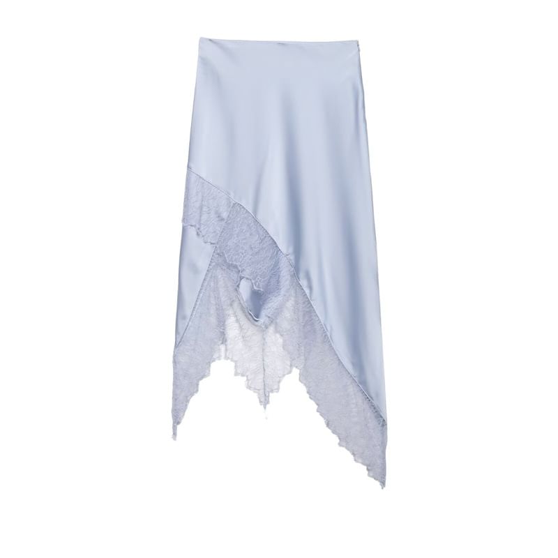 High Waist Plain Lace Trim Asymmetrical Midi A-Line Skirt