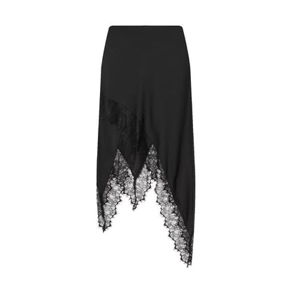 High Waist Plain Lace Trim Asymmetrical Midi A-Line Skirt
