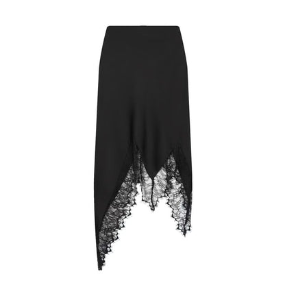 High Waist Plain Lace Trim Asymmetrical Midi A-Line Skirt