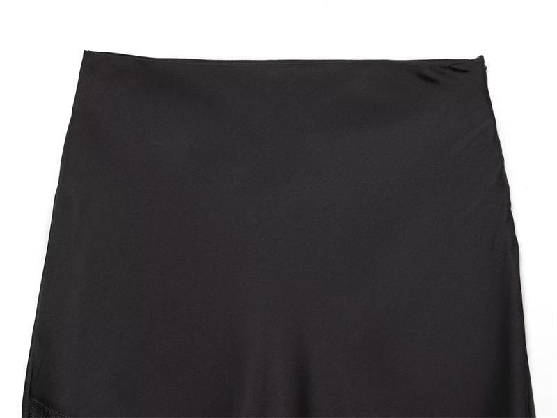 High Waist Plain Lace Trim Asymmetrical Midi A-Line Skirt