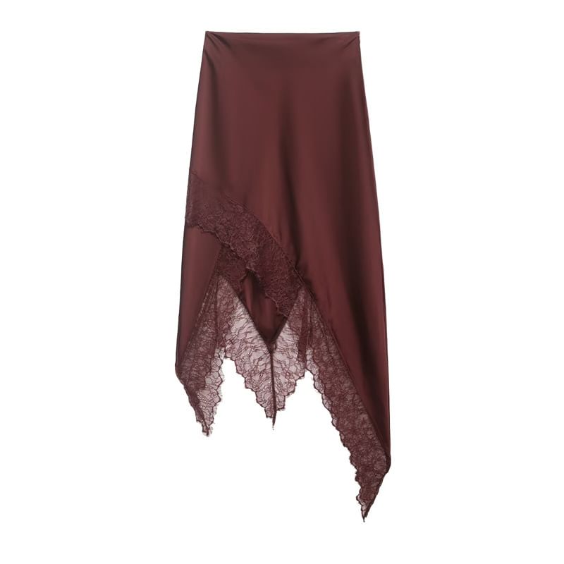 High Waist Plain Lace Trim Asymmetrical Midi A-Line Skirt
