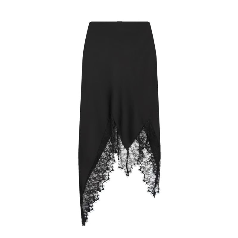 High Waist Plain Lace Trim Asymmetrical Midi A-Line Skirt