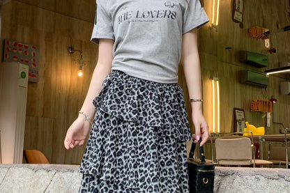 Elastic Waist Leopard Print Maxi Tiered Skirt