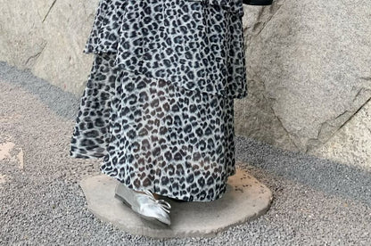 Elastic Waist Leopard Print Maxi Tiered Skirt