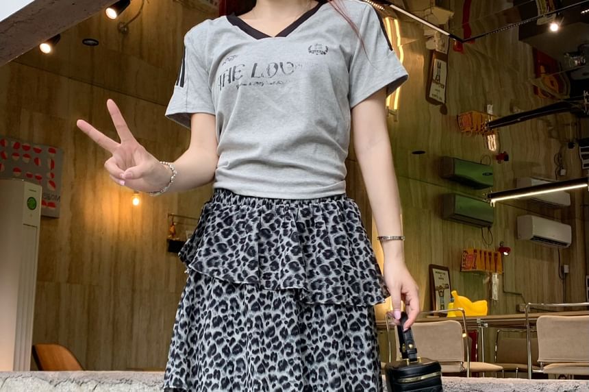 Elastic Waist Leopard Print Maxi Tiered Skirt