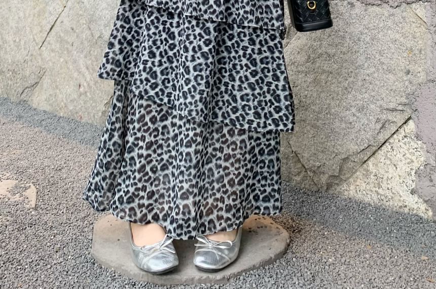 Elastic Waist Leopard Print Maxi Tiered Skirt