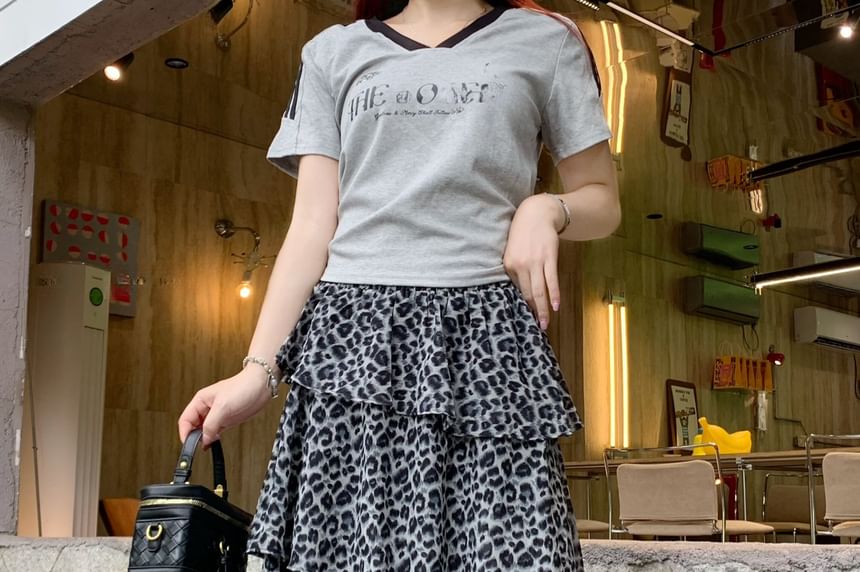 Elastic Waist Leopard Print Maxi Tiered Skirt