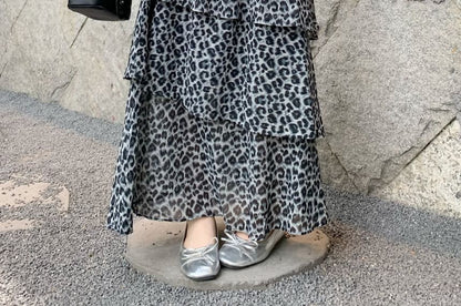 Elastic Waist Leopard Print Maxi Tiered Skirt