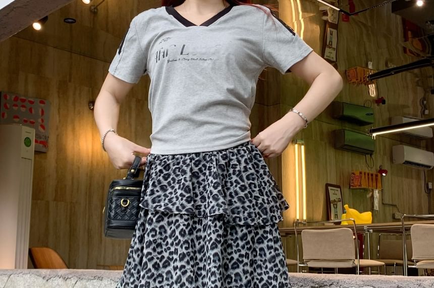 Elastic Waist Leopard Print Maxi Tiered Skirt