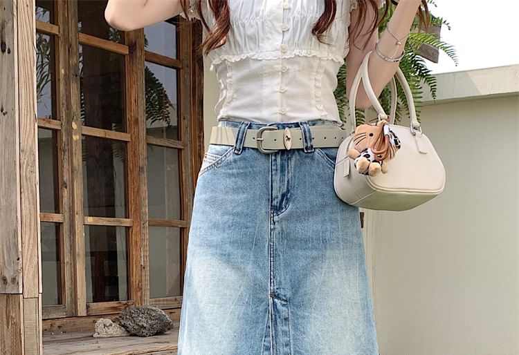Mid Rise Washed Denim A-Line Skirt