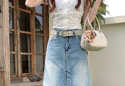 Mid Rise Washed Denim A-Line Skirt