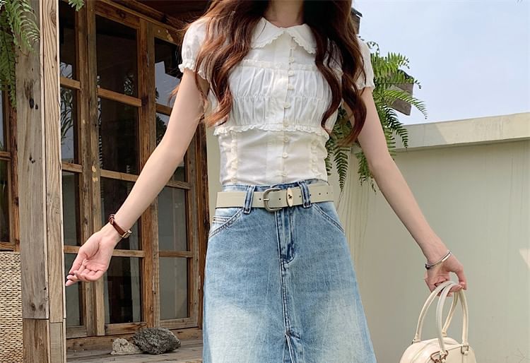 Mid Rise Washed Denim A-Line Skirt