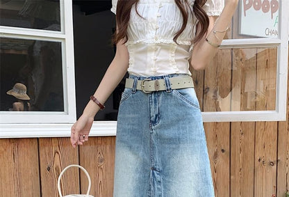 Mid Rise Washed Denim A-Line Skirt